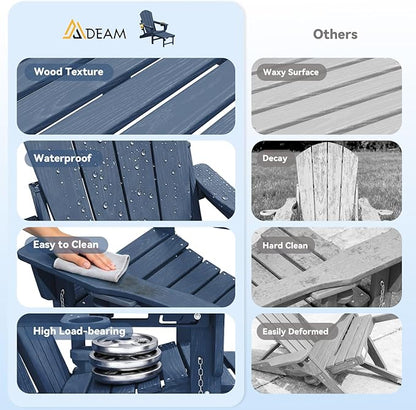 Mdeam 3-Level Adjustable Adirondack Chair with Retractable Ottoman, HDPE All-Weather Folding Fire Pit Chair with 2 Cup Holders, Outdoor Chair for Deck Patio Garden Backyard Lawn (Navy Blue)