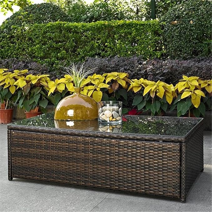Pemberly Row 44" Glass Top Patio Coffee Table, Brown Finish, Outdoor Resin Wicker with Steel Frame, Tempered Glass Top, UV-Resistant, Stylish Outdoor Coffee Table for Patio or Garden Use
