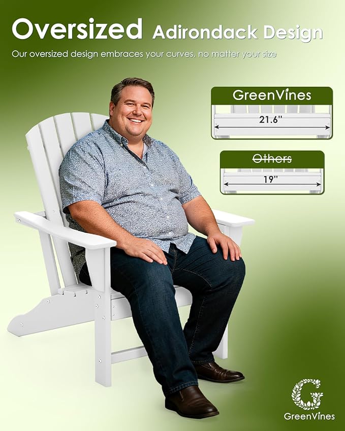 GREENVINES Adirondack Chair | HDPE Plastic | Oversized Fire Pit Chairs | All Weather | White | Poly Lumber | for Outdoor Deck Backyard Patio Garden