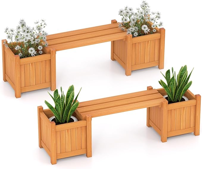 S AFSTAR 2 Pieces Outdoor Planter Bench, Wooden Planter Box with Bench, Small Raised Plant Container Garden Benches with Boxes for Patio, Yard, Deck & Balcony