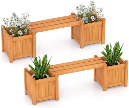 S AFSTAR 2 Pieces Outdoor Planter Bench, Wooden Planter Box with Bench, Small Raised Plant Container Garden Benches with Boxes for Patio, Yard, Deck & Balcony