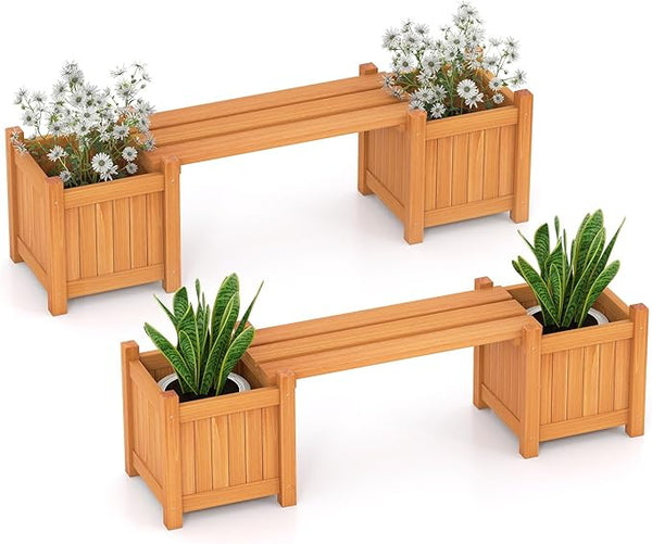 S AFSTAR 2 Pieces Outdoor Planter Bench, Wooden Planter Box with Bench, Small Raised Plant Container Garden Benches with Boxes for Patio, Yard, Deck & Balcony