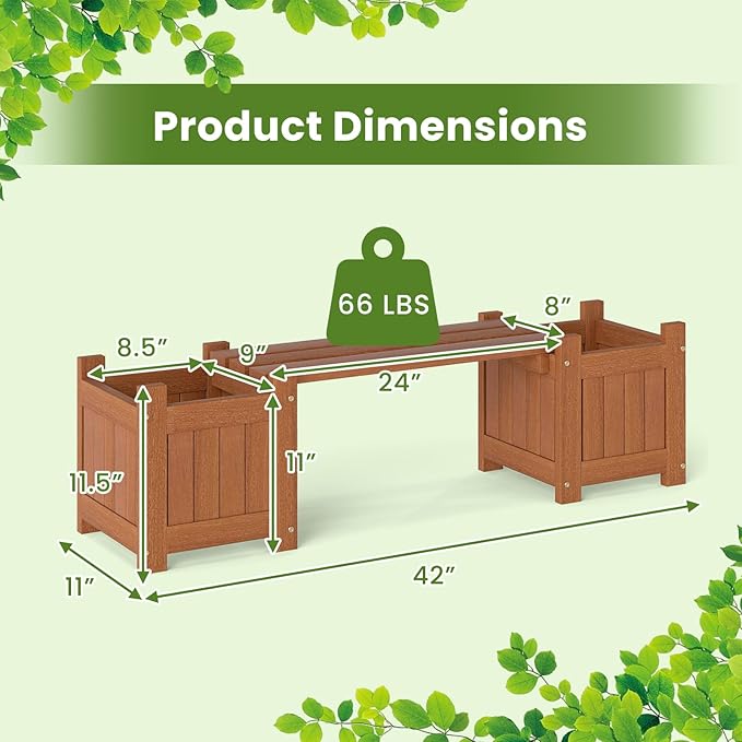 HAPPYGRILL Outdoor Bench with 2 Raised Garden Beds, 2-in-1 Outdoor Planter Box with Teak Oil Finish, Open-Ended Base, Wooden Garden Bench for Flowerpots, Indoor Patio Yard Porch Decoration (1)