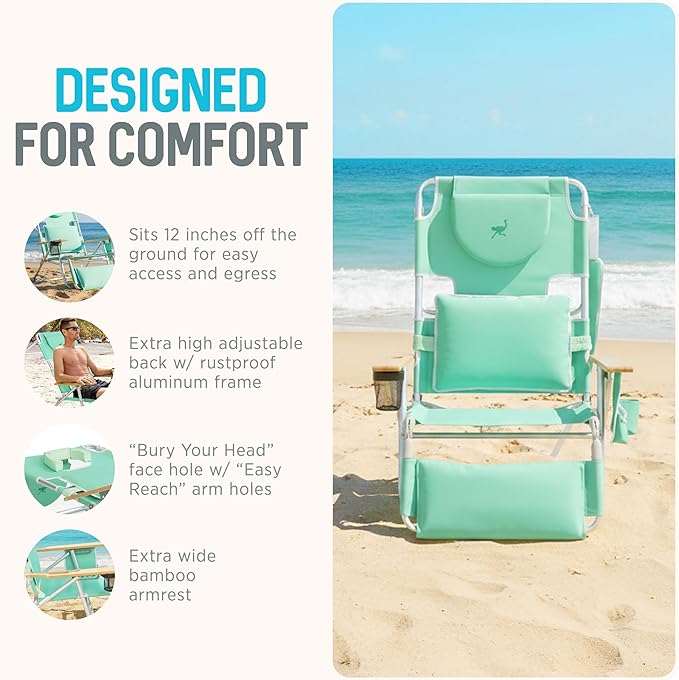 Ostrich the Deluxe 3N1 Reclining Lounge Chair, Folding Outdoor Lounger and Extra-Wide Beach Chair with Wooden Armrests and Face Hole, Teal