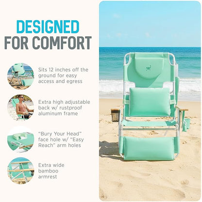 Ostrich the Deluxe 3N1 Reclining Lounge Chair, Folding Outdoor Lounger and Extra-Wide Beach Chair with Wooden Armrests and Face Hole, Teal