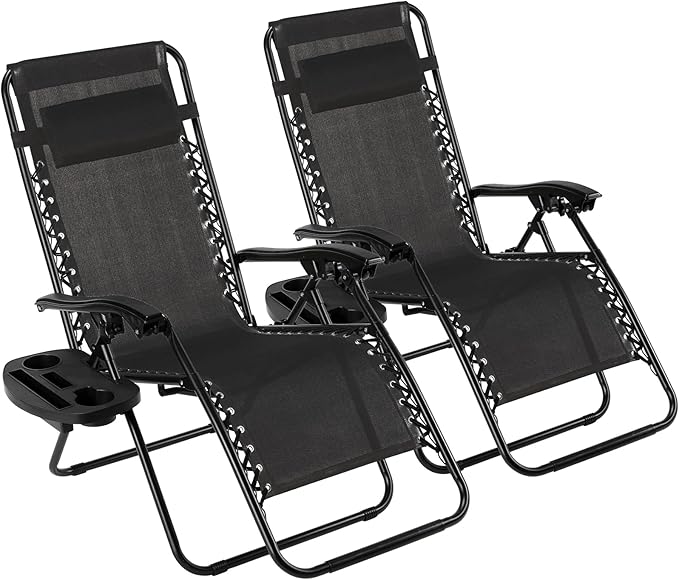 TLSUNNY Zero Gravity Chair Set of 2, Outdoor Folding Lounge W/Detachable Headrest & Holder Tray, Adjustable Textilene Lawn Reclining, No Assembly Required, for Patio, Garden, 330LBS (1, Black)