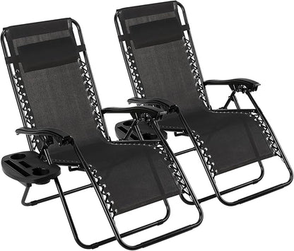 TLSUNNY Zero Gravity Chair Set of 2, Outdoor Folding Lounge W/Detachable Headrest & Holder Tray, Adjustable Textilene Lawn Reclining, No Assembly Required, for Patio, Garden, 330LBS (1, Black)