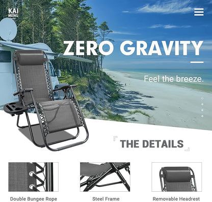 Kemon Zero Gravity Folding Lounge Outdoor Patio Adjustable Reclining Chair with Pillows and Cup Holders for Beach Set of 2, Double Grey, KM-CDGVC