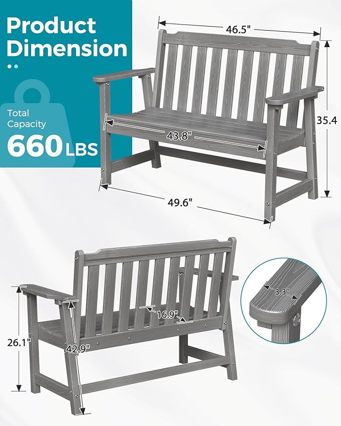 Outdoor Bench, 2-Person HDPE Garden Bench, All Weather Poly Patio Bench for Outdoors, Garden, Backyard, Porch and Park - Photo 3