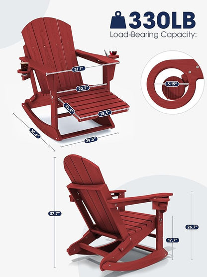 KINGYES Adirondack Rocking Chair with Retractable Ottoman and Cup Holders, HDPE Adirondack Rocker Patio Rocking Chair for Porch, Patio, Balcony, Burgundy Red