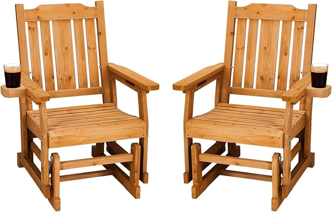 Outvita Patio Glider with Cup Holders Set of 2, Wooden Outdoor Glider Bench with High Roll Back & Deep Contoured Seat, Smooth Porch Glider Chair Heavy Duty 600 Lbs, Teak Brown