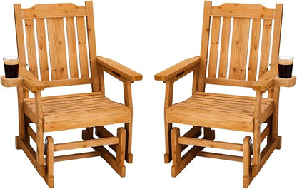 Outvita Patio Glider with Cup Holders Set of 2, Wooden Outdoor Glider Bench with High Roll Back & Deep Contoured Seat, Smooth Porch Glider Chair Heavy Duty 600 Lbs, Teak Brown