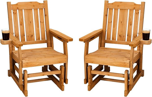Outvita Patio Glider with Cup Holders Set of 2, Wooden Outdoor Glider Bench with High Roll Back & Deep Contoured Seat, Smooth Porch Glider Chair Heavy Duty 600 Lbs, Teak Brown