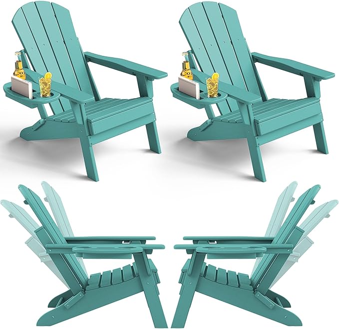 Adjustable Adirondack Chair Set of 4 with Cup Holder, All Weather HDPE Fire Pit Chairs for Deck, Backyard, Patio, Lake Blue