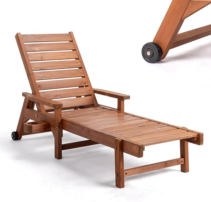 VINGLI Outdoor Chaise Lounge Chair, Wooden Patio Lounger Chair with Adjustable Backrest - Photo 1