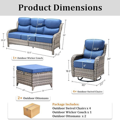 Luxury High Back Patio Furniture Set with 6-Inch Thick Cushions, 7-Pieces Outdoor Furniture with Swivel Chairs, Wicker Conversation Set for Porch, Balcony, Deck and Yard, Grey/Blue
