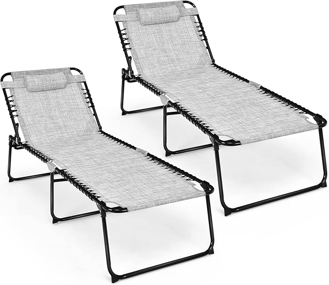 Tangkula Widen Folding Chaise Lounge Chair Set of 2, Portable Camping Recline Chair w/4 Backrest Positions - Photo 1