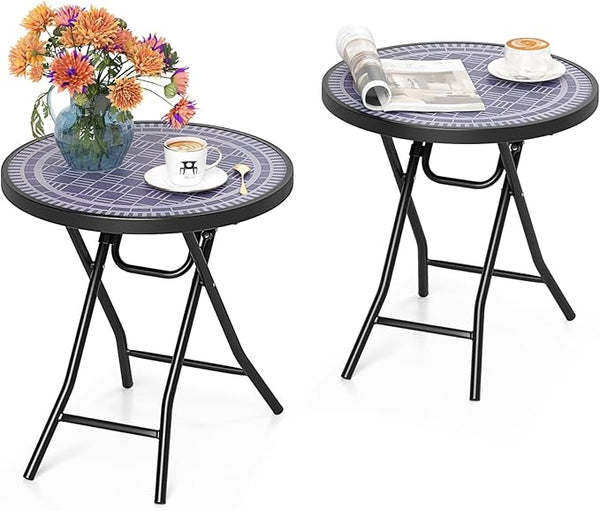 Tangkula Round Folding Side Table, 18 Inch Patio Coffee Table with Tempered Glass Tabletop and Metal Frame - Photo 1