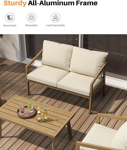 Teak Outdoor Patio Loveseat, Never-Rust Aluminum Outdoor Loveseat Couch with Thick Cushions, Modern 2-Seater Patio Sofa Bench, Outdoor Sofa Loveseat Furniture for Deck, Poolside | Never-Rust, Wood-Grain Texture, Wraparound Design, Removable Cushions
