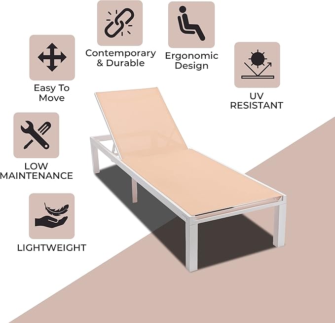 LeisureMod Marlin Aluminum Outdoor Chaise Lounge Chair - Mesh Sling Fabric Seat White Aluminum Frame Beach, Pool Lounge Chair for Modern Patio Lawn, Garden and Backyard (Light Brown)