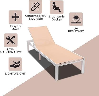 LeisureMod Marlin Aluminum Outdoor Chaise Lounge Chair - Mesh Sling Fabric Seat White Aluminum Frame Beach, Pool Lounge Chair for Modern Patio Lawn, Garden and Backyard (Light Brown)