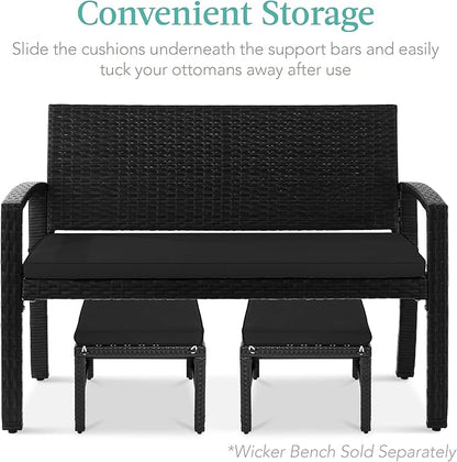 Best Choice Products Set of 2 Wicker Ottomans, Multipurpose Outdoor Furniture for Patio, Backyard, Additional Seating, Footrest, Side Table w/Removable Cushions, Steel Frame - Black/Black