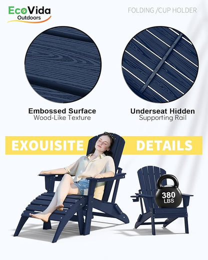 Folding Adirondack Chair Set 3-Piece - 38" Extra Tall Back & Embossed Wood Grain, Oversized HDPE Patio Furniture with Side Table & Cup Holders, 380lb Heavy Duty, Navy Blue