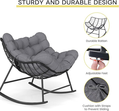 Kromax Oversized Outdoor Papasan Rocking Chair Set of 2, Wicker Egg Chair Rocker for Outside, Comfy Patio Rocker, Large Indoor Rocking Recliner, Modern Egg Style, Grey