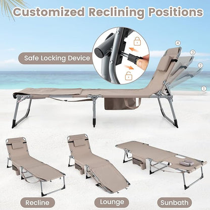 Goplus Tanning Chair with Face Arm Holes, Portable Sunbathing Chair w/4-Level Backrest, Head Pillow, Patio Lay Flat Folding Chaise Lounge with Side Pocket, Shoulder Strap for Pool Beach (2,Beige)