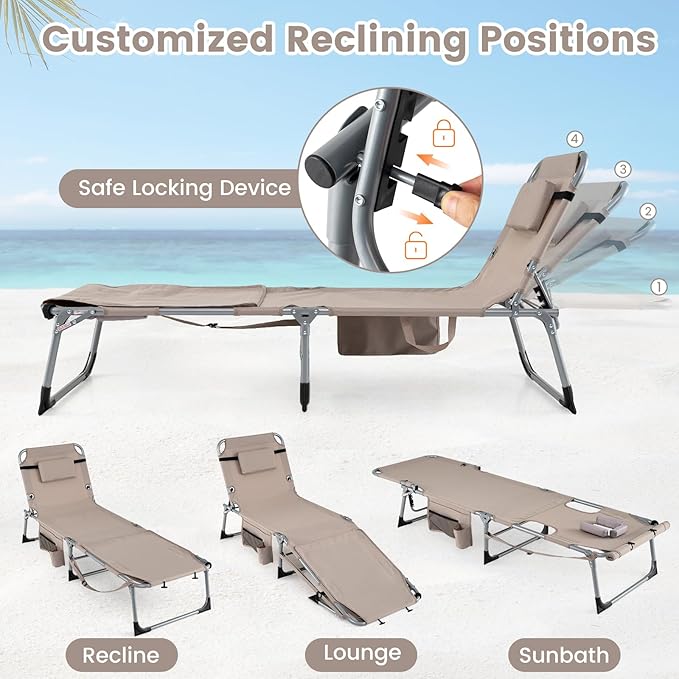 Goplus Tanning Chair with Face Arm Holes, Portable Sunbathing Chair w/4-Level Backrest, Head Pillow - Photo 6