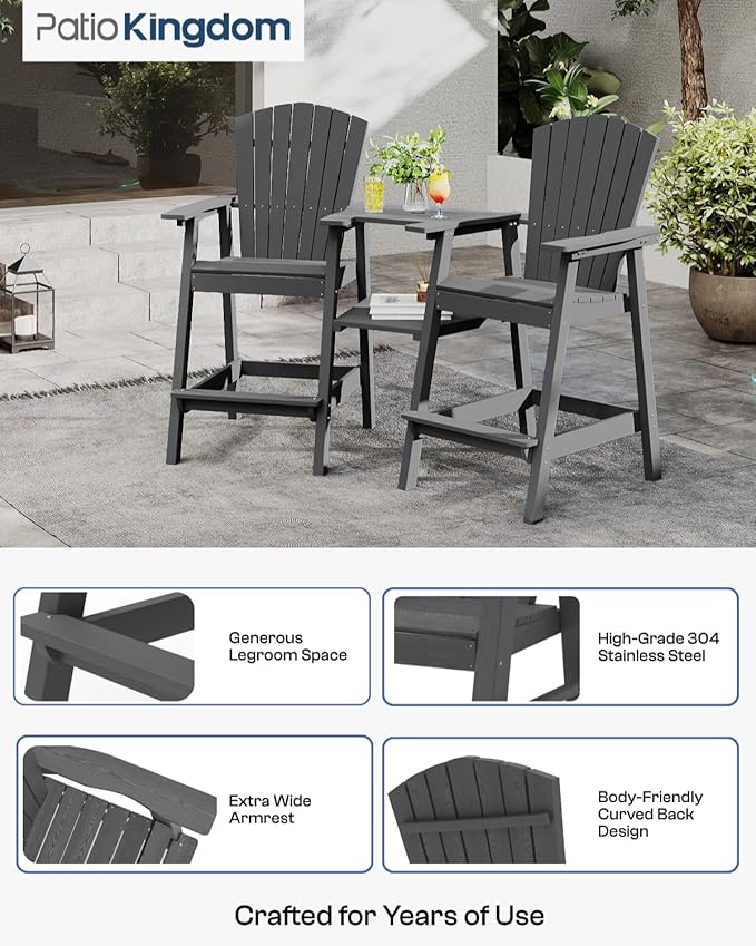 Tall Adirondack Chairs Set of 2 with Removable Tray, HDPE Bar Height Adirondack Bar Stools, High Back Patio Chairs for Balcony, Deck, Lawn, Backyard, All-Weather Outdoor Furniture, Gray