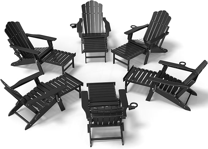 FOOWIN Adjustable Adirondack Chair with Retractable Ottoman Set of 6, Folding Adirondack Chair with Cup Holder, HDPE All-Weather Fire Pit Chair for Patio, Yard, Poolside, Black