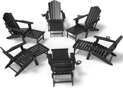 FOOWIN Adjustable Adirondack Chair with Retractable Ottoman Set of 6, Folding Adirondack Chair with Cup Holder, HDPE All-Weather Fire Pit Chair for Patio, Yard, Poolside, Black