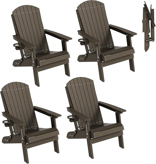 HDPE Foldable Adirondack Outdoor Chair Set of 4 with Cup Holder, Weather Resistant Heavy-Duty Patio Chair for Patio, Backyard, Deck, Fire Pit, Lawn and Porch, Brown
