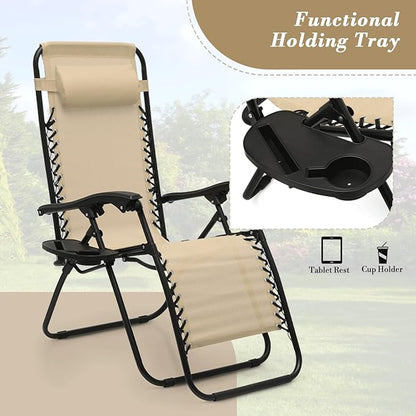 Athena Collection Zero Gravity Outdoor Lounge Chair Set of 2 with Side Table, 25" Width Pool Lounge Lawn Chairs Reclining with Cup Holder, Outdoor Chaise for Beach Patio Backyard Outside, Beige