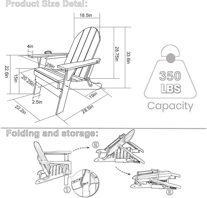 HDPE Folding Adirondack Chair with Cup Holder Outside, Composite Outdoor Chairs with Wood Texture, White - Photo 2