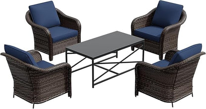 5 Pieces Outdoor Patio Conversation Furniture Set with Removable Covers, All-Weather PE Rattan, 4 Steel Frame Wicker Chairs with Cushions, 47" Metal Coffee Table for Yard (Navy Blue)