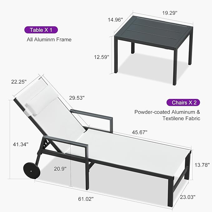 PURPLE LEAF Patio Lounge Chair Set Outdoor Chaise Lounger Aluminum Frame with Armrest 2 Side Table and Wheels for Pool Outside Sunbathing Tanning Recliner Including Pillows White