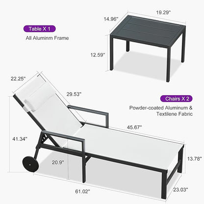 PURPLE LEAF Patio Lounge Chair Set Outdoor Chaise Lounger Aluminum Frame with Armrest 2 Side Table and Wheels for Pool Outside Sunbathing Tanning Recliner Including Pillows White