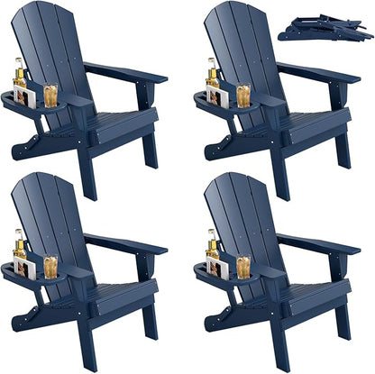 FOOWIN Folding Adirondack Chair Set of 4, HDPE Adirondack Chairs with Cup Holder, Weather Resistant Plastic Fire Pit Chairs for Outdoor, Patio, Lawn, Garden, Backyard, Deck, Dark Blue
