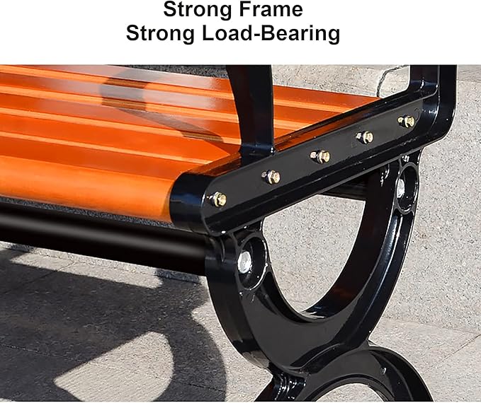 Outdoor Patio Garden Bench Park Bench, Metal Steel Frame and Anticorrosive Solid Wood Seat, Weather-Resistant Leisure Porch Chair, The Load Capacity is 880 Pounds