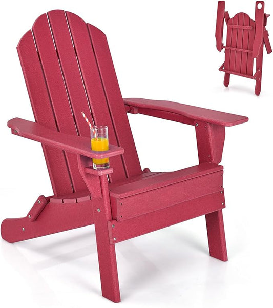 Giantex Adirondack Chair, Outdoor Folding Chairs, HDPE Weather Resistant Patio Chair with Built-in Cup Holder, Lawn Chair for Yard, Balcony, Deck, Outside, Campfire, Plastic Fire Pit Chair (1, Red)