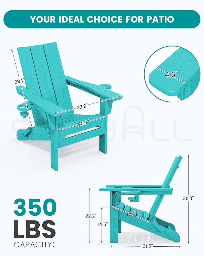 SERWALL Modern Adirondack Chair Set of 4, Folding Adirondack Chair with Cup Holders, Outdoor HDPE Adirondack Chair, Teal - Photo 2