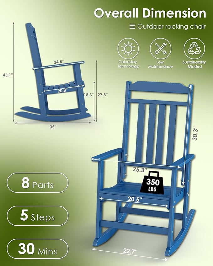 GREENVINES Outdoor-Rocking-Chairs-Set-of-4 | HDPE Plastic | Patio Rockers | Porch Rocker Chair | Oversized | High Back | Big & Tall | Blue