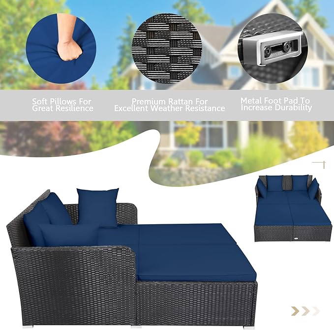 COSTWAY Outdoor Patio Rattan Daybed, Sponge Cushioned Loveseat Sofa with 4 Pillows, Wicker Furniture Sunbed for Balcony - Photo 4