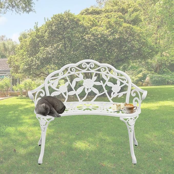 Patio Aluminum Outdoor Bench, Garden Metal Loveseat Furniture, Rose Carving Antique White Front Porch Chair Seat