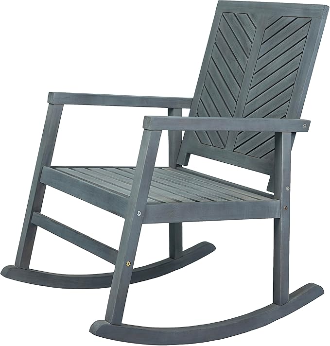 Eyely KCR100B Ted Modern Chevron-Back 300-Lbs Support Acacia Wood Patio Outdoor Rocking Chair for Garden, Lawn, Backyard, Pool, Deck, Beach, Firepit, Gray