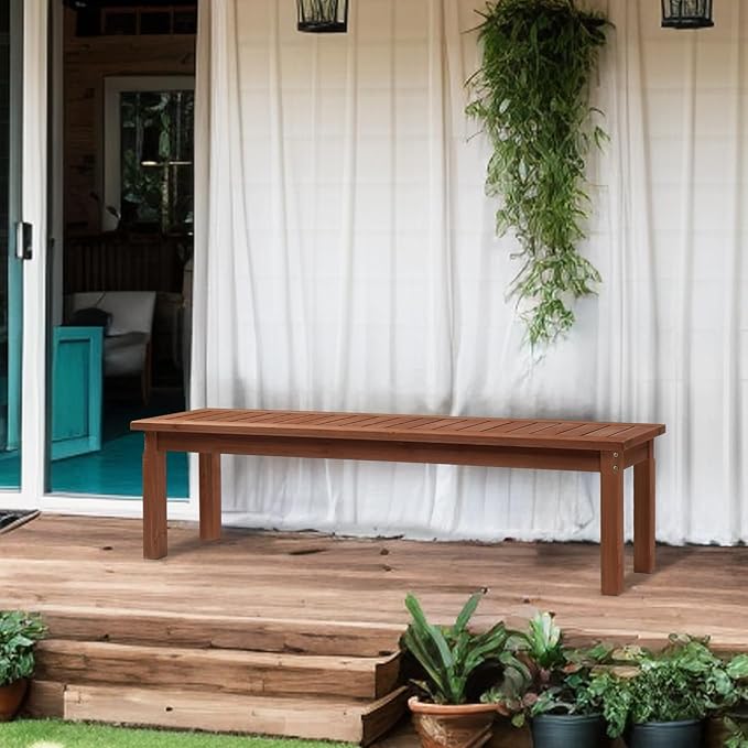 Outvita 2PCS Patio Wood Bench, 62" Long Loveseat with Stable Wood Frame, 2-Person Backless Bench w/Slatted Seat, Indoor Outdoor Dining Bench for Backyard, Poolside, Entryway, Porch