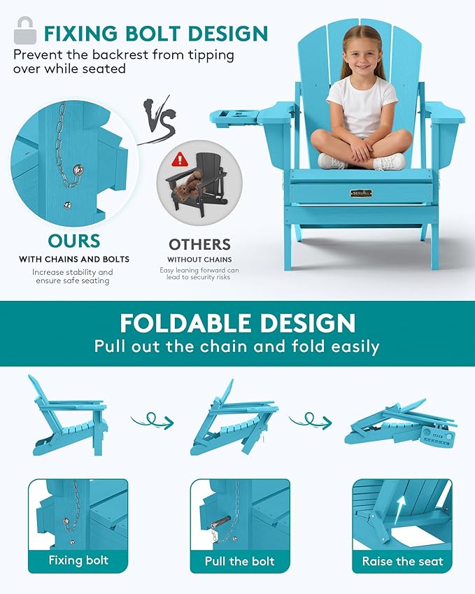 SERWALL Folding Adirondack Chair Set of 4, Outdoor Adirondack Chairs with 4 in 1 Cup Holder, Wood Texture Patio Chairs, Weather Resistant Fire Pit Chairs for Patio Deck Garden, Backyard - Aruba Blue