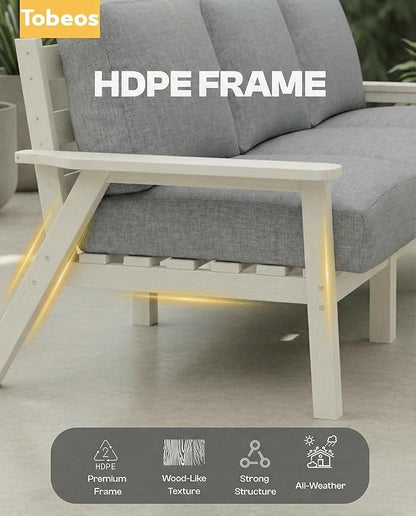 HDPE 5 Piece Patio Furniture Set, Outdoor Couch with Washable Thick Gray Cushions & Coffee Table & Side Table, Outdoor Sectional Furniture for Backyard, Deck, Lawn, Porch (White Frame)